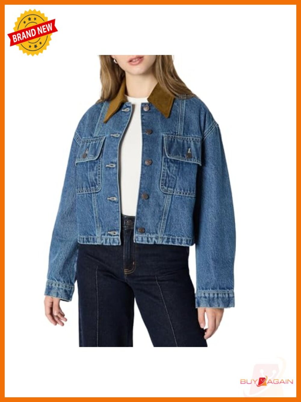 Oversized Cropped Rigid Denim Jacket Corduroy Collar